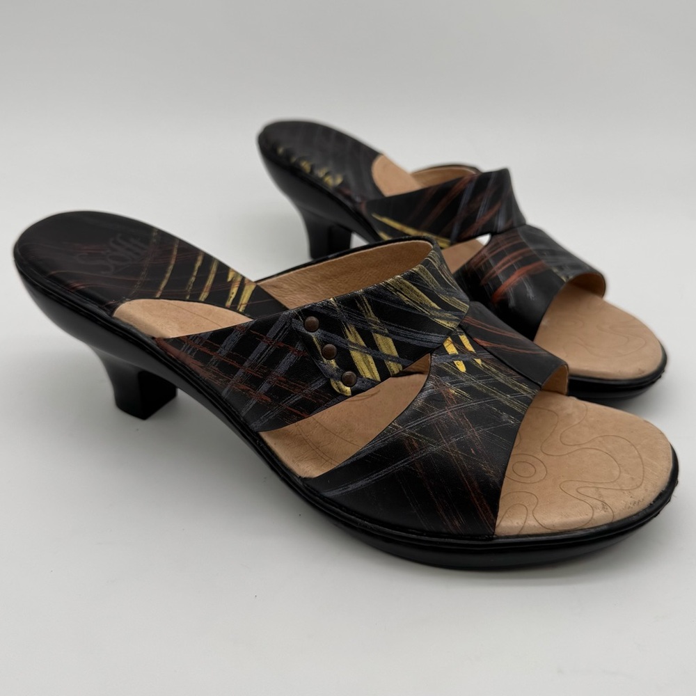 Sofft Black Leather Slip On Heel Sandal Color Striped Size 9 M Y2K Retro Style
